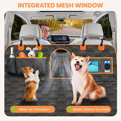 Back Seat Extender for Dogs, Dog Car Seat Cover with Hard Bottom, Dog Car Seat Bed, Waterproof Dog Hammock for Car, Pet Backseat Protector with Mesh Window, Storage Pocket for Car, SUV, Truck